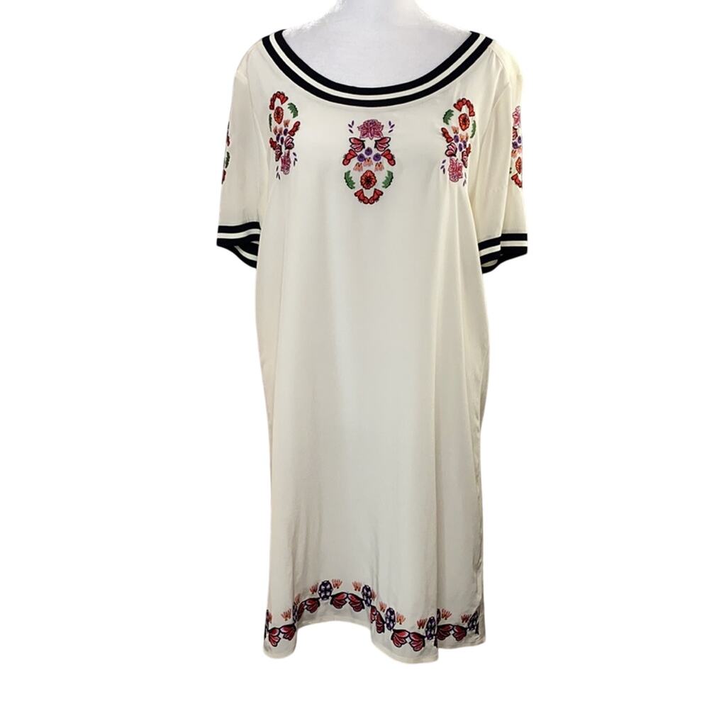 Rebecca Minkoff Size 6 Floral Embroidered Cream Silk Short Sleeve Shift Dress - Picture 5 of 16